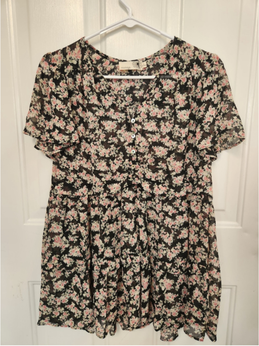 Everleigh Flora short sleeve Sheer blouse Black Pink Size L